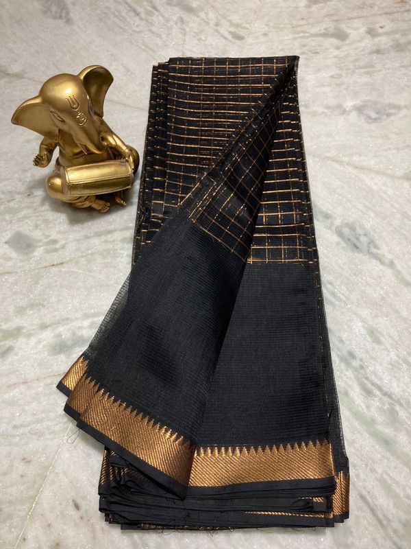 Bhagalpuri Handloom Cotton Silk Check Half Body Saree for women's (Black)