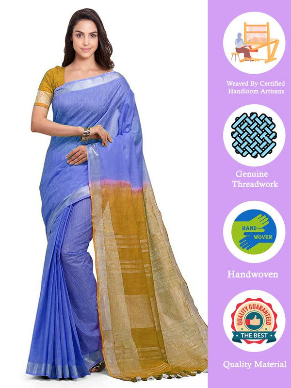 Neon Blue & Golden Brown women's Handloom Bhagalpuri Cotton Slub Blend Two Dye Saree With Running Unstitched Blouse Piece - View 2