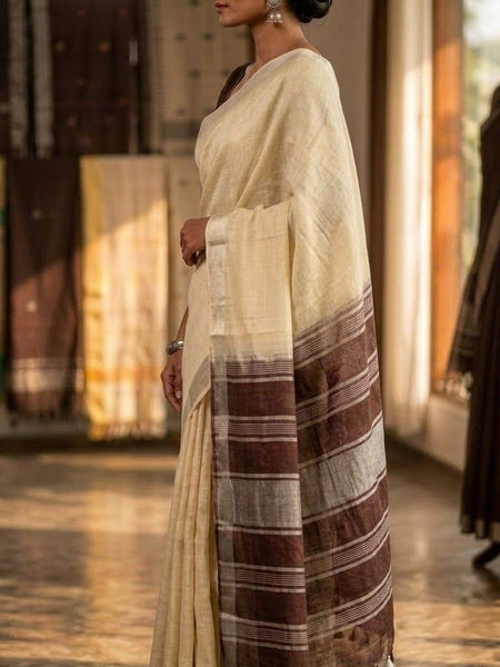 Elegant Linen Cotton Blend Saree for WDS | Cream Saree with Contrast Woven Pallu & Silver Zari Border | Traditional Ethnic Wear - View 4
