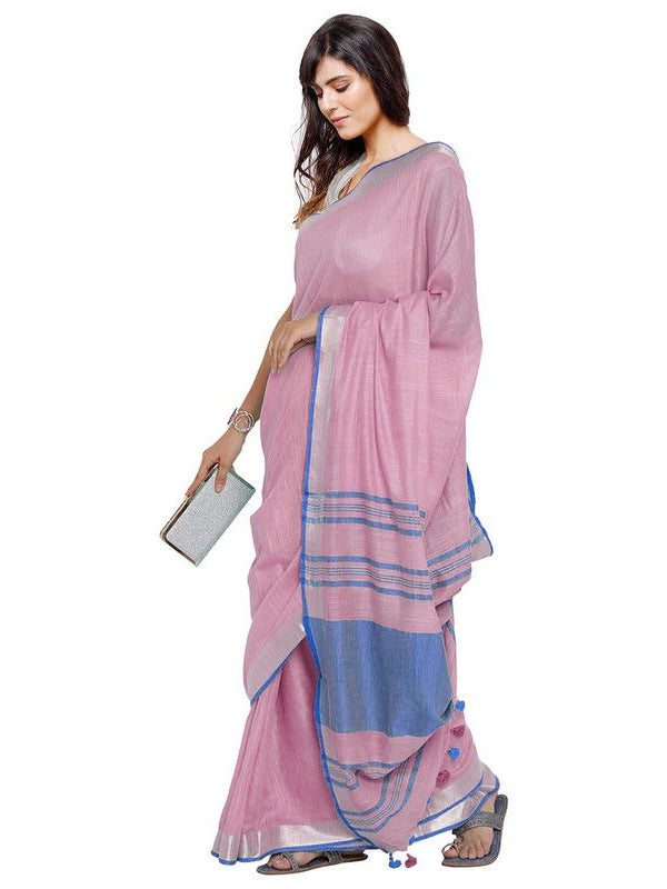 Fairy Tale Pink-Cyan women's Bhagalpuri Handloom Cotton Linen Blend Contrast Pallu Saree And Unstitched Contrast Blouse Piece - View 3
