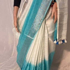 Bhagalpuri Linen Two Dye Handloom Saree (Cyan & White)