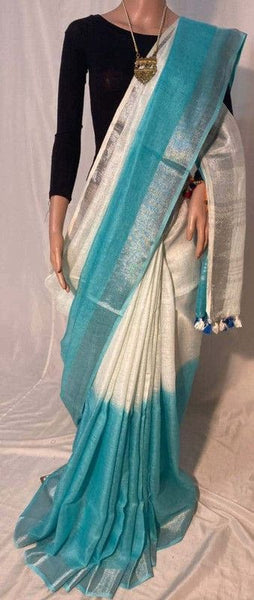 Bhagalpuri Linen Two Dye Handloom Saree (Cyan & White)
