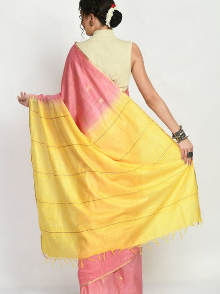 Handloom Semi Tussar Silk Bhagalpuri Two Dye Striped Temple Motif Saree (Blush_Pink & Canary_Yellow) - View 5