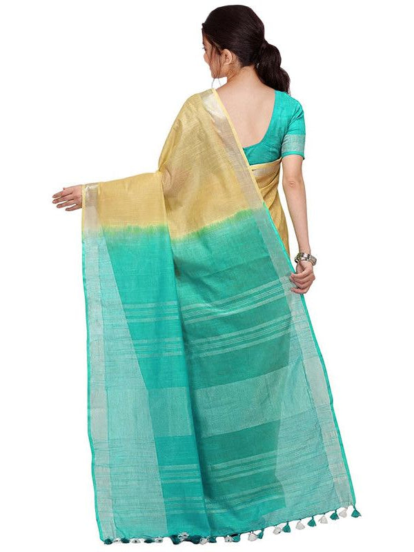 Jasmine Tan & Turquoise women's Bhagalpuri Handloom Pure Cotton Two Dye Saree With Running Unstitched Blouse Piece - View 5