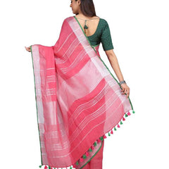 Linen Cotton Blend Contrast Handloom Bhagalpuri Saree (Hot_Pink-Green) - View 3