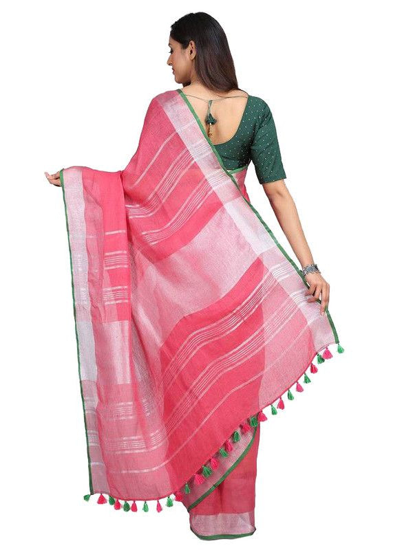Linen Cotton Blend Contrast Handloom Bhagalpuri Saree (Hot_Pink-Green) - View 3