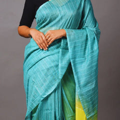 Handloom Jute Silk Bhagalpuri Two Dye Striped Saree (Douwny_Turquoise & Canary_Yellow) - View 3