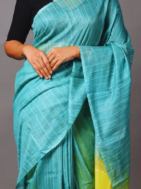 Handloom Jute Silk Bhagalpuri Two Dye Striped Saree (Douwny_Turquoise & Canary_Yellow) - View 3