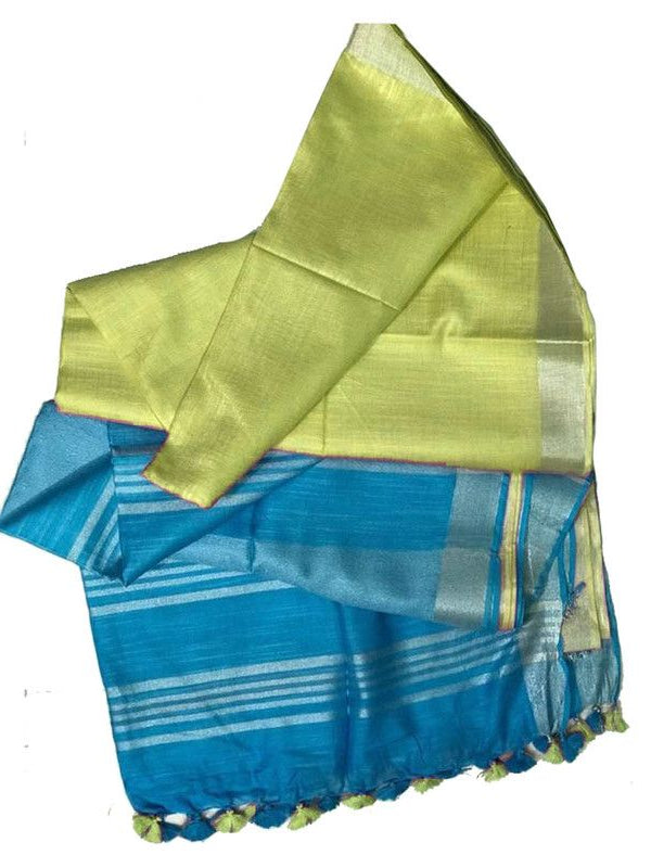 Tea Green women's Bhagalpuri Ethnic Wear Handloom Cotton Linen Blend Zari Border Two Dye Saree With Running Unstitched Blouse Piece - View 5