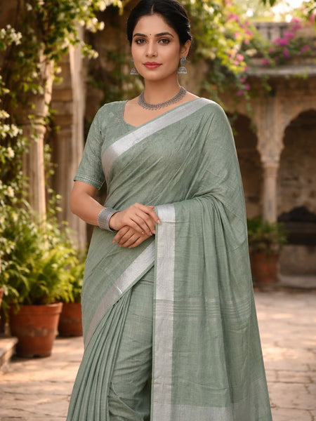 Bhagalpuri Handwoven Cotton-Linen Blend Saree With Running Blouse Piece(Sage Green) - View 3