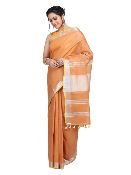 Linen Cotton Blend Contrast Handloom Bhagalpuri Saree (Taceoi_Brown-Yellow) - View 2