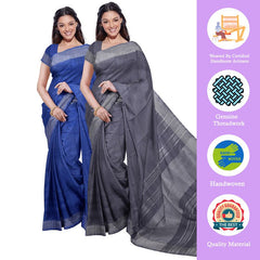 Cobalt Blue & Grey women's Bhagalpuri Handloom Cotton-Linen Blend Saree Combo (Pack Of 2) With Running Unstiched Blouse Piece - View 2