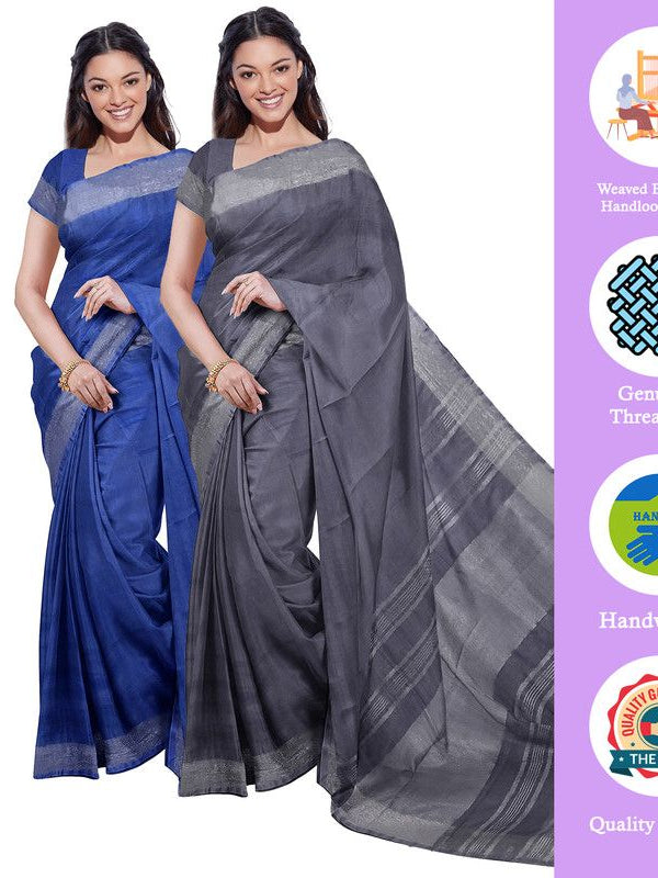 Cobalt Blue & Grey women's Bhagalpuri Handloom Cotton-Linen Blend Saree Combo (Pack Of 2) With Running Unstiched Blouse Piece - View 2