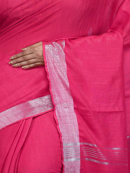 Cerise Pink Bhagalpuri women's Handloom Linen Cotton Ethnic Wear Saree With Running Unstitched Blouse Piece - View 3