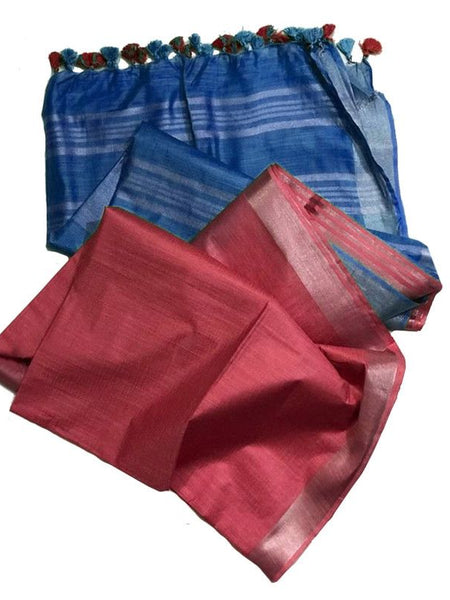 Cerulean Cyan & Brink Pink women's Ethnic Wear Bhagalpuri Handloom Cotton Linen Blend Two Dye Saree With Running Unstitched Blouse Piece - View 2