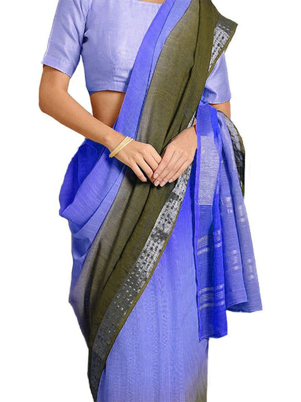 Neon Blue & Brownish Green women's Bhagalpuri Handloom Linen Cotton Blend Two Dye Saree With Running Unstitched Blouse Piece - View 6