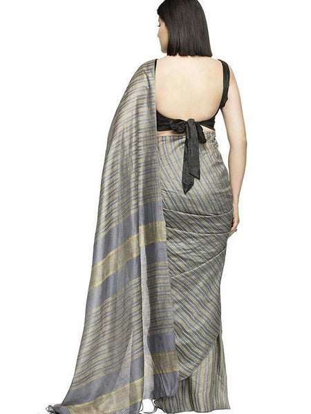 Striped Handloom Bhagalpuri Kota Silk Bollywood Saree (Grey) - View 5