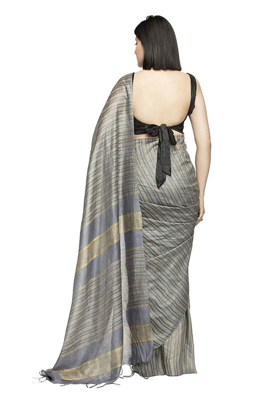 Striped Handloom Bhagalpuri Kota Silk Bollywood Saree (Grey) - View 5