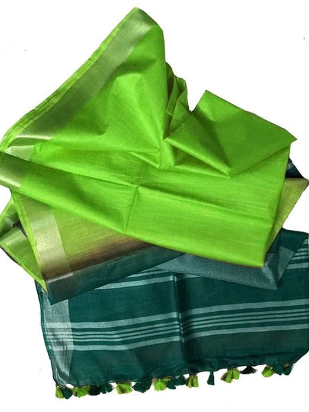 Pine Green & Spring Green women's Bhagalpuri Ethnic Wear Handloom Cotton Linen Slub Blend Zari Border Two Dye Saree With Running Unstitched Blouse Piece - View 5