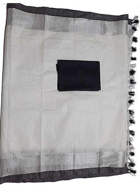 White Bhagalpuri Handloom women's Linen Slub Blend Saree With Black Pipin Contrast Blouse Piece - View 5