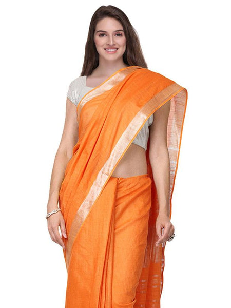 Orange women's Handloom Bhagalpuri Cotton Linen Slub Blend Zari Border Saree Ethnic Wear With Running Unstitched Blouse Piece - View 5
