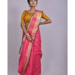 Linen Cotton Blend Contrast Handloom Bhagalpuri Saree for Women (Froly_Pink-Dark_Green)