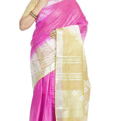 Flax Yellow & Hot Pink women's Bhagalpuri Handloom Cotton Linen Slub Blend Tie Two Dye (Sibory Two Dye) Saree With Running Unstitched Blouse Piece - View 3