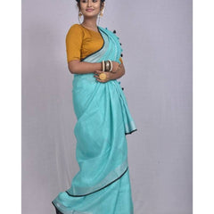 Cyan-Black  Bhagalpuri Blend Linen Saree With Contrast Blouse Piece - View 2