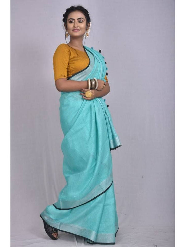 Cyan-Black  Bhagalpuri Blend Linen Saree With Contrast Blouse Piece - View 2
