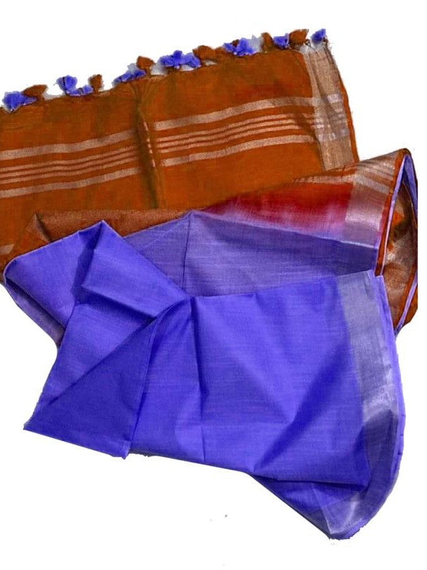 Rust Brown & Neon Blue women's Bhagalpuri Ethnic Wear Handloom Cotton Linen Slub Blend Zari Border Two Dye Saree With Running Unstitched Blouse Piece - View 2
