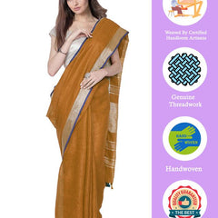 Ochre Brown women's Bhagalpuri Handloom Cotton Linen Blend Saree With Contrast Unstiched Blouse Piece - View 2