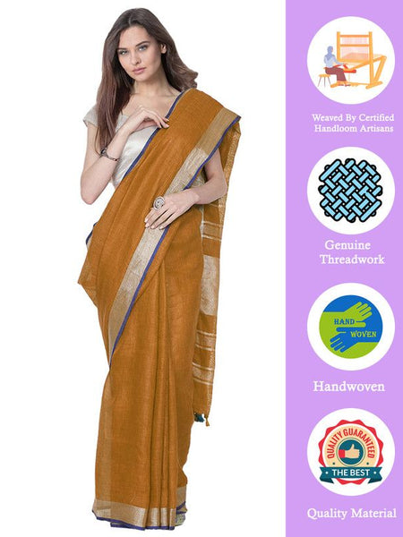 Ochre Brown women's Bhagalpuri Handloom Cotton Linen Blend Saree With Contrast Unstiched Blouse Piece - View 2