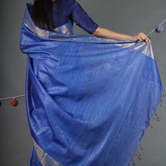 Blue Sequins Bhagalpuri Silk Handloom Striped Saree - View 5