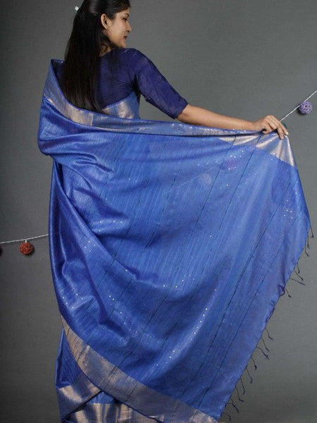 Blue Sequins Bhagalpuri Silk Handloom Striped Saree - View 5