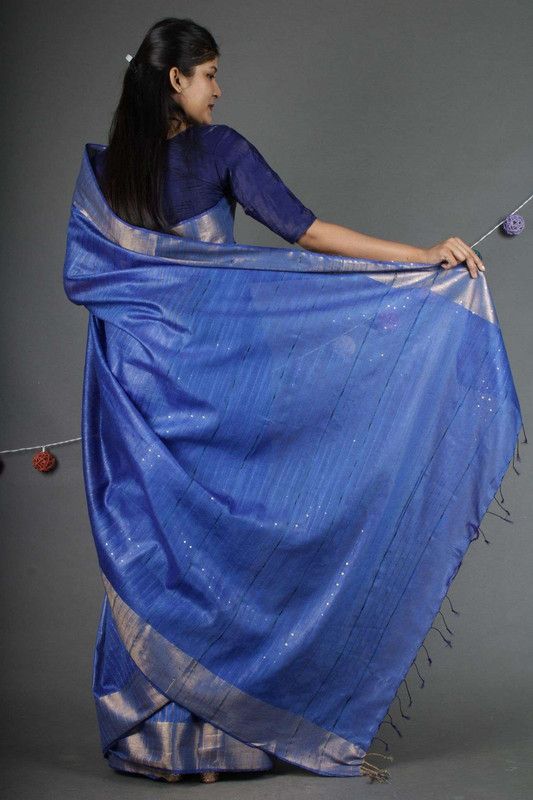 Blue Sequins Bhagalpuri Silk Handloom Striped Saree - View 5