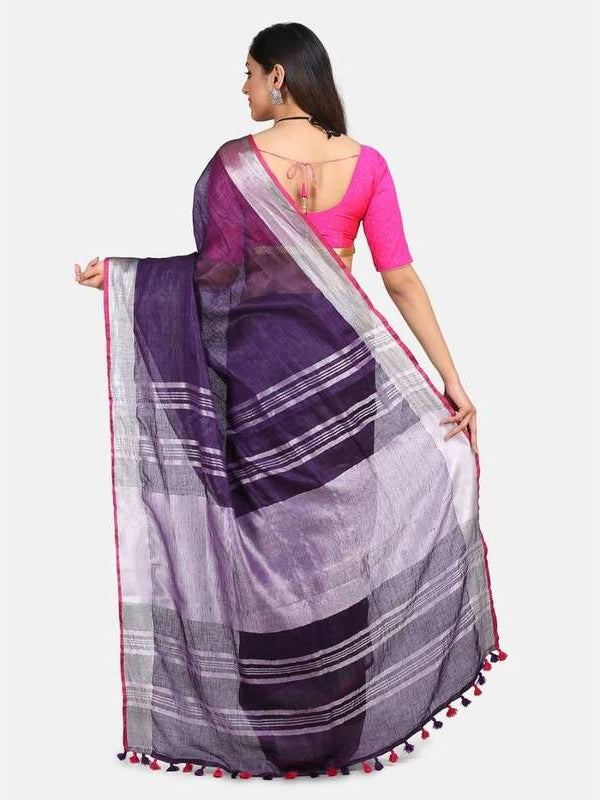 Linen Cotton Blend Contrast Handloom Bhagalpuri Saree for Women (French_Purple-Pink ) - View 4
