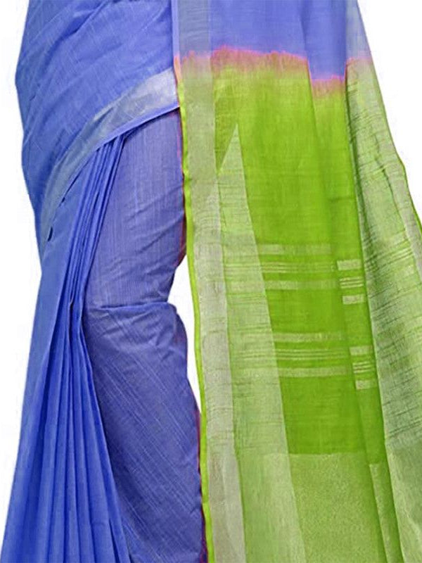 Iris Blue & Apple Green women's Bhagalpuri Handloom Linen Cotton Blend Two Dye Saree With Running Unstitched Blouse Piece - View 3