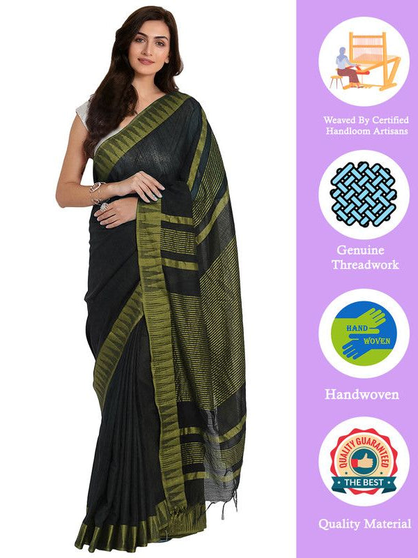 Black-Olive Green women's Bhagalpuri Handloom Katan Viscous Silk Temple Border Saree Ethnic Wear With Running Unstitched Striped Blouse Piece - View 2