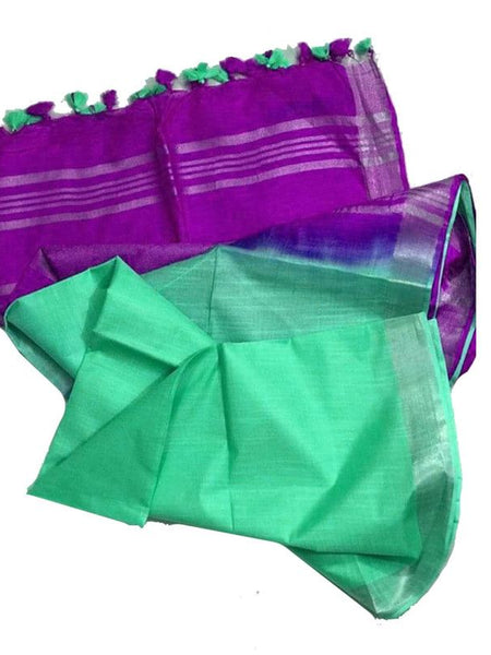 Electric Purple & Aquamarine Turquoise women's Ethnic Wear Bhagalpuri Handloom Cotton Slub Blend Two Dye Saree With Running Unstitched Blouse Piece
