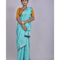 Cyan-Black  Bhagalpuri Blend Linen Saree With Contrast Blouse Piece