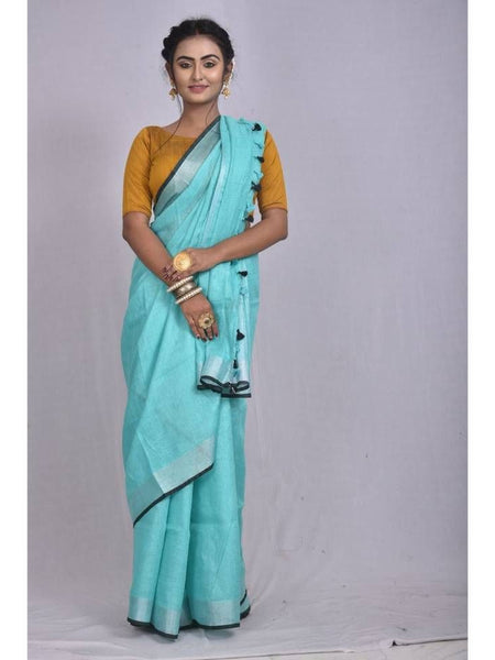 Cyan-Black  Bhagalpuri Blend Linen Saree With Contrast Blouse Piece
