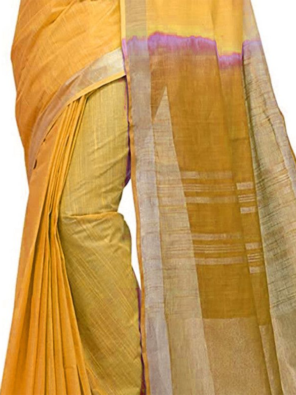 Yellow & Golden Brown women's Bhagalpuri Handloom Pure Cotton Two Dye Saree With Running Unstitched Blouse Piece - View 3