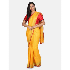 Linen Cotton Blend Contrast Handloom Bhagalpuri Saree for Women (Gold-Gamboge_Yellow-Red)