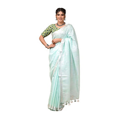Linen Cotton Blend Handloom Bhagalpuri Saree with Zari Border (12795 Mint_Turquoise) - View 3