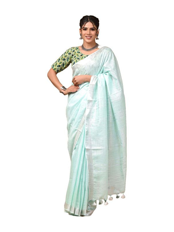 Linen Cotton Blend Handloom Bhagalpuri Saree with Zari Border (12795 Mint_Turquoise) - View 3