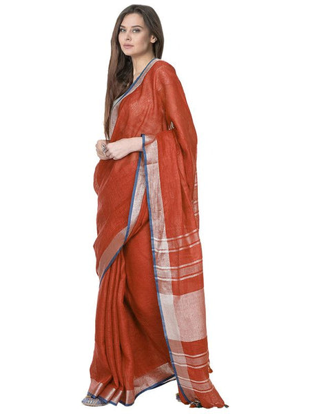 Bhagalpuri Handloom Cotton Linen Blend Saree With Contrast Unstiched Blouse Piece - View 3