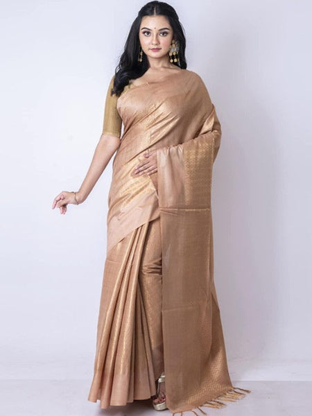 Cotton Munga Silk Zari Weaving Designer Handloom Saree with Mixed Pattern (Brown)