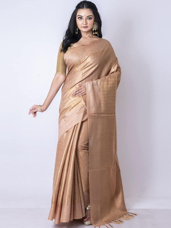 Cotton Munga Silk Zari Weaving Designer Handloom Saree with Mixed Pattern (Brown)
