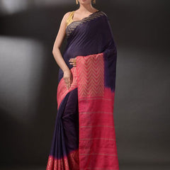 Handloom Semi Tussar Silk Bhagalpuri Egyptian_Blue and Poppy_Pink Saree