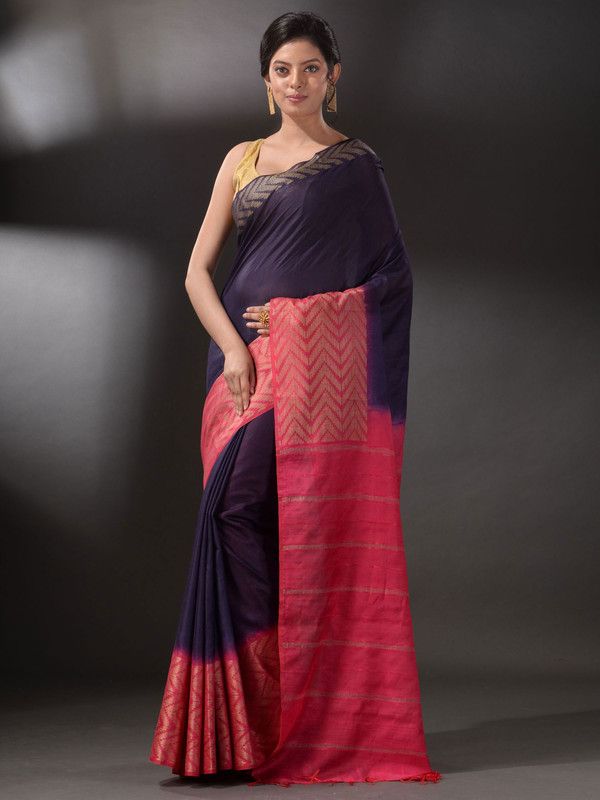 Handloom Semi Tussar Silk Bhagalpuri Egyptian_Blue and Poppy_Pink Saree